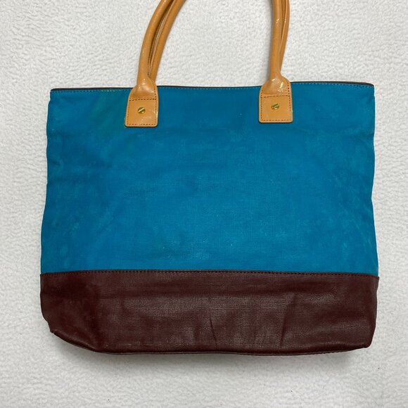 Tory Burch Jaden Bag Coconut Blue Brown Canvas Leather Shopping Tote Purse Women - Picture 7 of 12